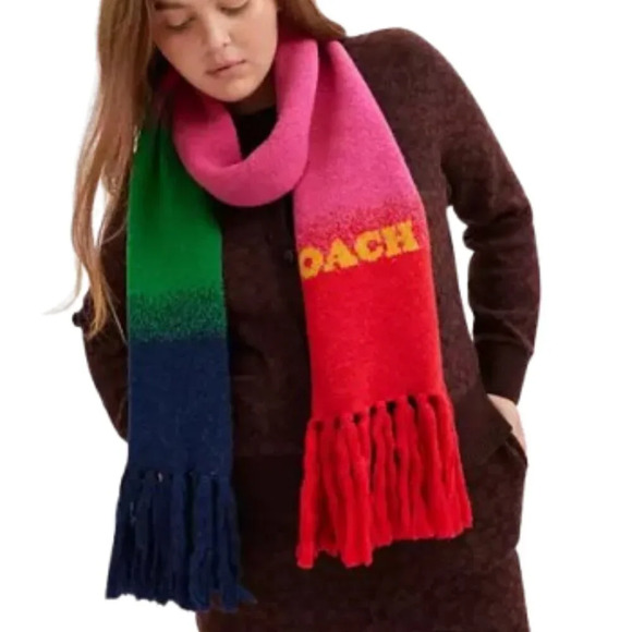 Coach Women's Merino Wool Multicolor  Colorblocked Ombre Logo Knit Scarf - Picture 1 of 7